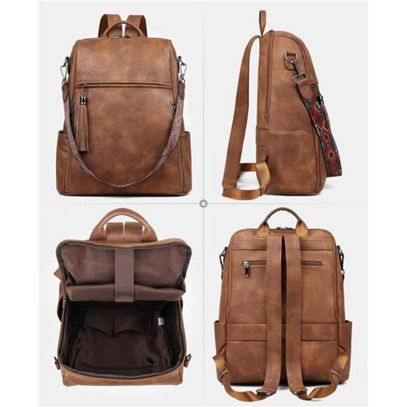 Leather Laptop Backpack Women 15 Inch Vegan Work Travel Bag Convertible Purse - Picture 6 of 7